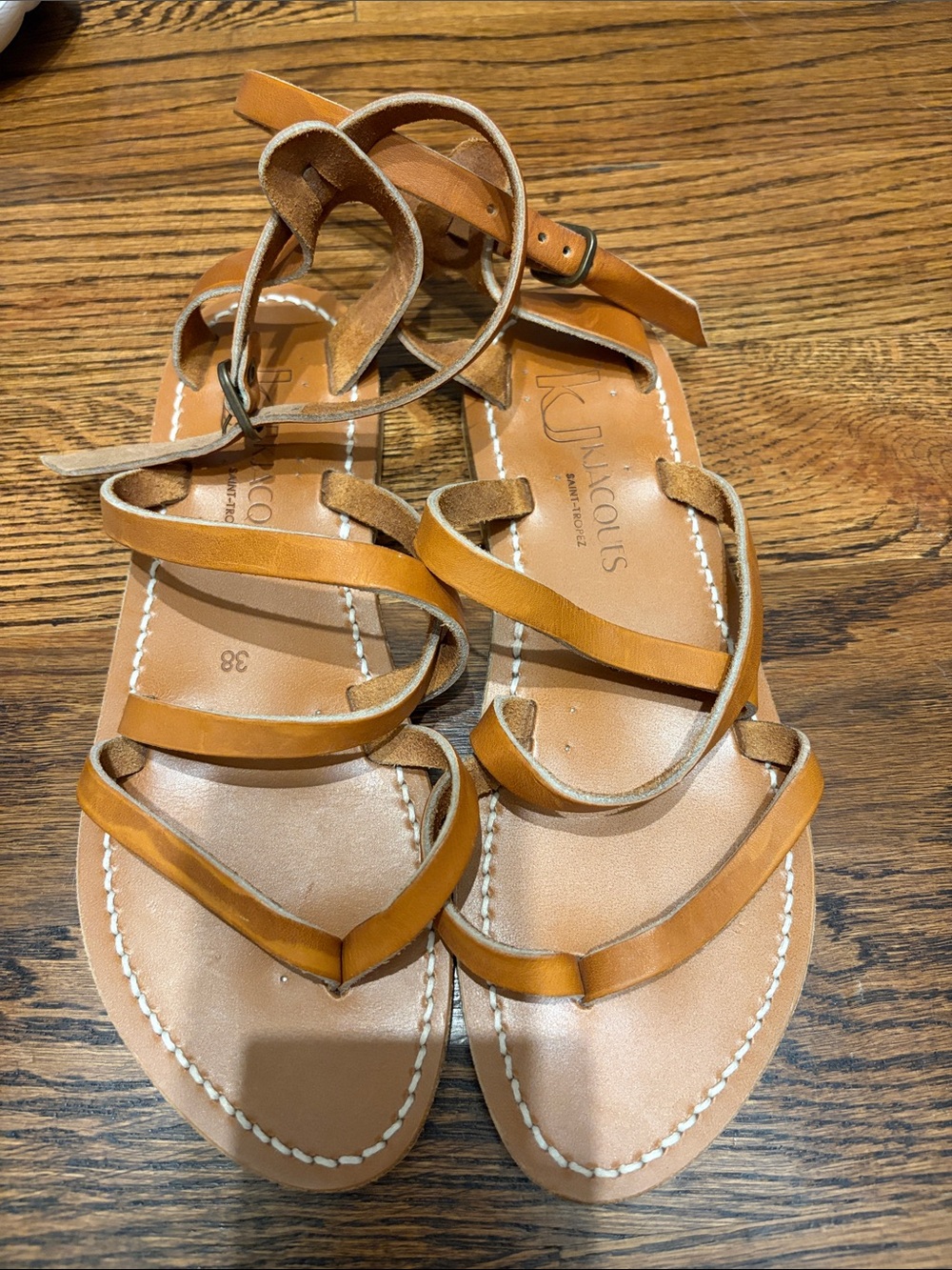K.Jacques Tan Leather Strappy Ankle Wrap Sandals